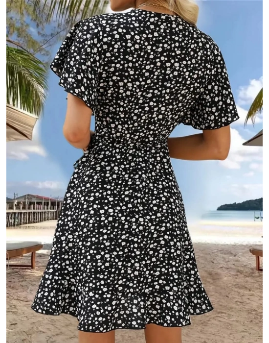 Kadın Kısa Kollu Kolu Ve Eteği Volanlı Fırfırlı çiçek Desenli Mini Elbise