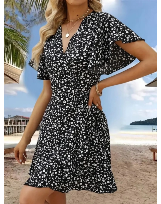 Kadın Kısa Kollu Kolu Ve Eteği Volanlı Fırfırlı çiçek Desenli Mini Elbise
