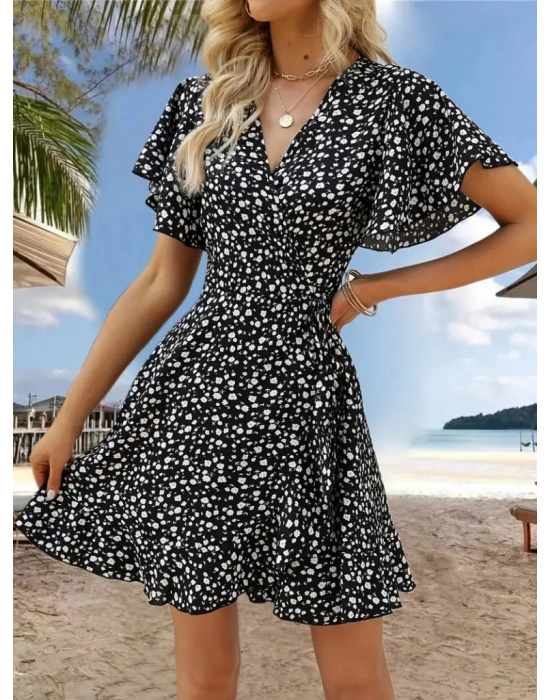 Kadın Kısa Kollu Kolu Ve Eteği Volanlı Fırfırlı çiçek Desenli Mini Elbise