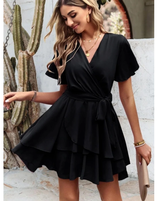 Kadın Kısa Kollu Kruvaze Yaka Belden Kuşaklı Kısa Sandy Elbise