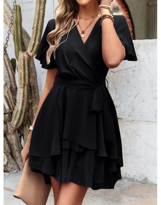 Kadın Kısa Kollu Kruvaze Yaka Belden Kuşaklı Kısa Sandy Elbise