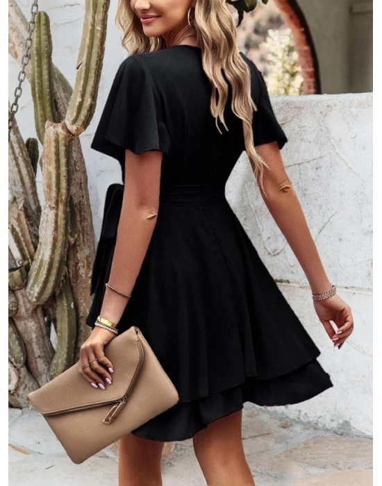 Kadın Kısa Kollu Kruvaze Yaka Belden Kuşaklı Kısa Sandy Elbise