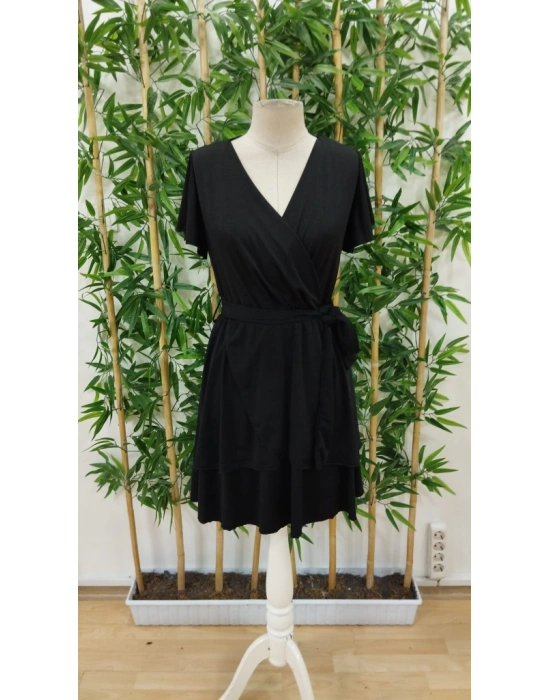 Kadın Kısa Kollu Kruvaze Yaka Belden Kuşaklı Kısa Sandy Elbise