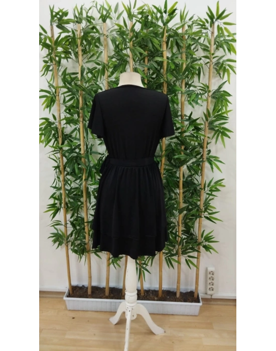 Kadın Kısa Kollu Kruvaze Yaka Belden Kuşaklı Kısa Sandy Elbise