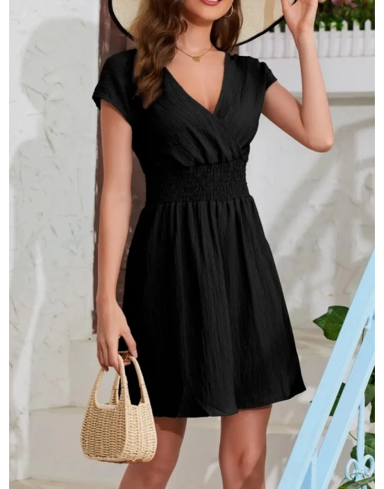 Kadın Kısa Kollu Kruvaze Yaka Beli Gipeli Bürümcük Elbise