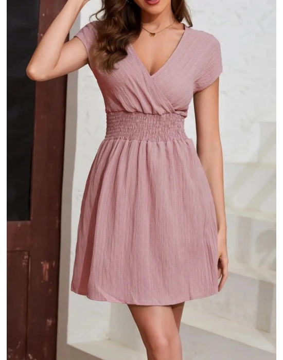 Kadın Kısa Kollu Kruvaze Yaka Beli Gipeli Bürümcük Elbise