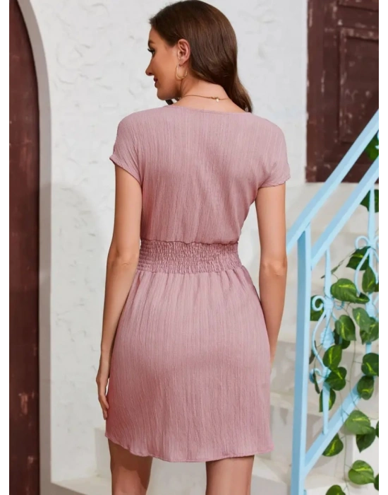 Kadın Kısa Kollu Kruvaze Yaka Beli Gipeli Bürümcük Elbise