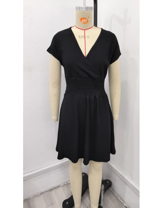 Kadın Kısa Kollu Kruvaze Yaka Beli Gipeli Bürümcük Elbise