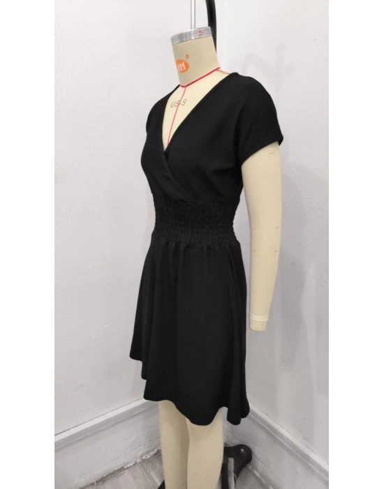 Kadın Kısa Kollu Kruvaze Yaka Beli Gipeli Bürümcük Elbise