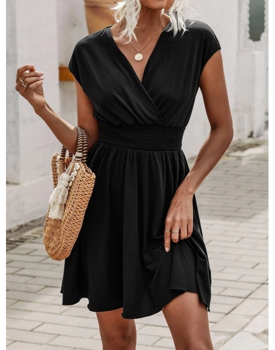 Kadın Kısa Kollu Kruvaze Yaka Beli Gipeli Bürümcük Elbise