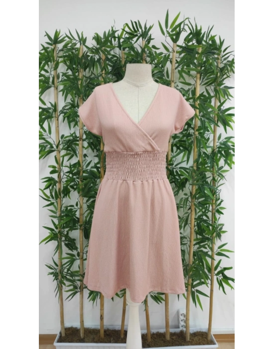 Kadın Kısa Kollu Kruvaze Yaka Beli Gipeli Bürümcük Elbise