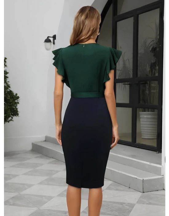 Kadın Kısa Kollu Kruvaze Yaka Beli Kuşaklı Blok Desenli Ithal Krep Elbise