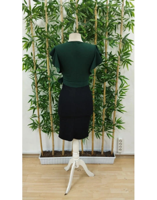 Kadın Kısa Kollu Kruvaze Yaka Beli Kuşaklı Blok Desenli Ithal Krep Elbise