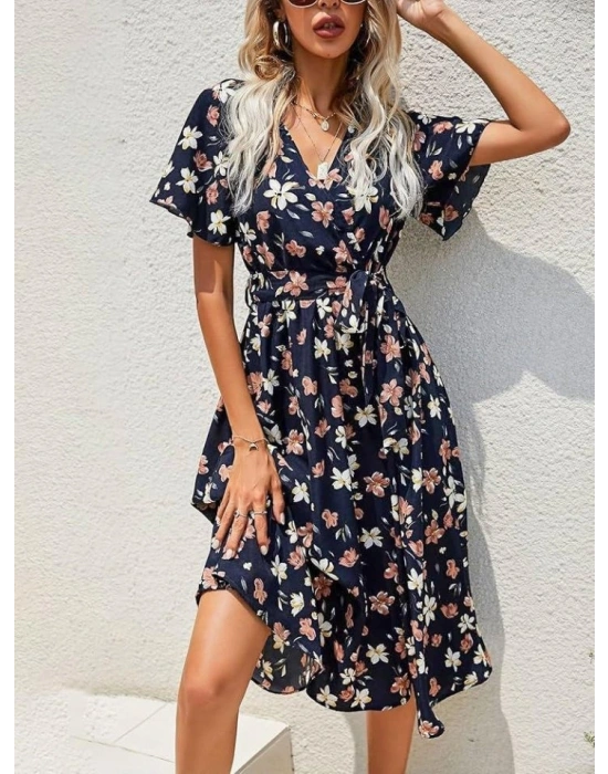 Kadın Kısa Kollu Kruvaze Yaka Beli Kuşaklı çiçek Baskılı Süprem Elbise
