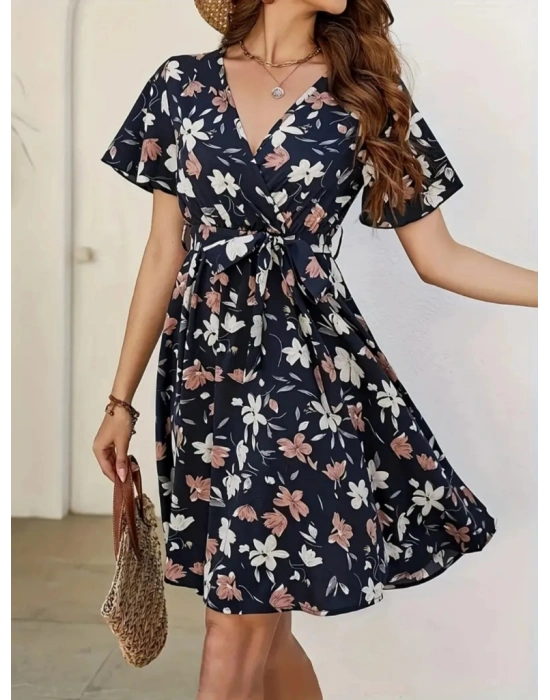 Kadın Kısa Kollu Kruvaze Yaka Beli Kuşaklı çiçek Baskılı Süprem Elbise