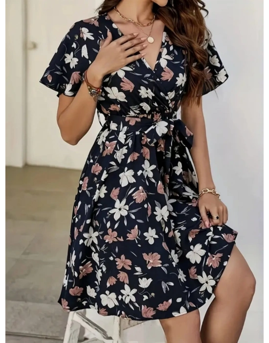Kadın Kısa Kollu Kruvaze Yaka Beli Kuşaklı çiçek Baskılı Süprem Elbise