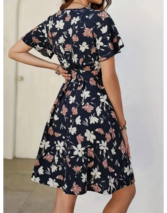 Kadın Kısa Kollu Kruvaze Yaka Beli Kuşaklı çiçek Baskılı Süprem Elbise