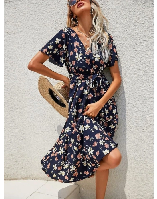 Kadın Kısa Kollu Kruvaze Yaka Beli Kuşaklı çiçek Baskılı Süprem Elbise