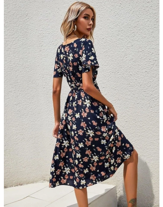 Kadın Kısa Kollu Kruvaze Yaka Beli Kuşaklı çiçek Baskılı Süprem Elbise