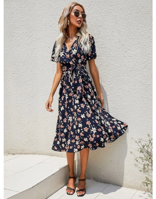 Kadın Kısa Kollu Kruvaze Yaka Beli Kuşaklı çiçek Baskılı Süprem Elbise