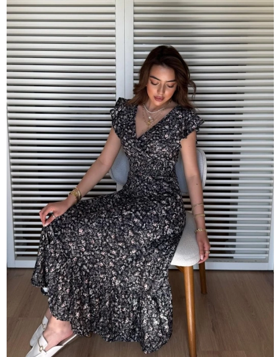 Kadın Kısa Kollu Kruvaze Yaka Beli Lastikli çiçek Desenli Elbise