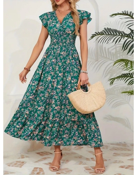 Kadın Kısa Kollu Kruvaze Yaka Beli Lastikli çiçek Desenli Elbise