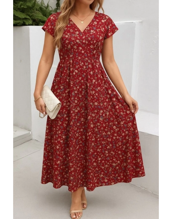 Kadın Kısa Kollu Kruvaze Yaka Beli Lastikli çiçek Desenli Elbise