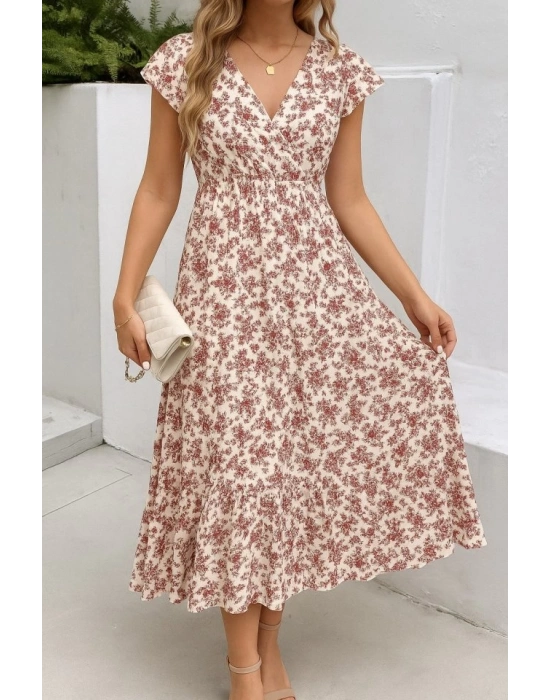 Kadın Kısa Kollu Kruvaze Yaka Beli Lastikli çiçek Desenli Elbise