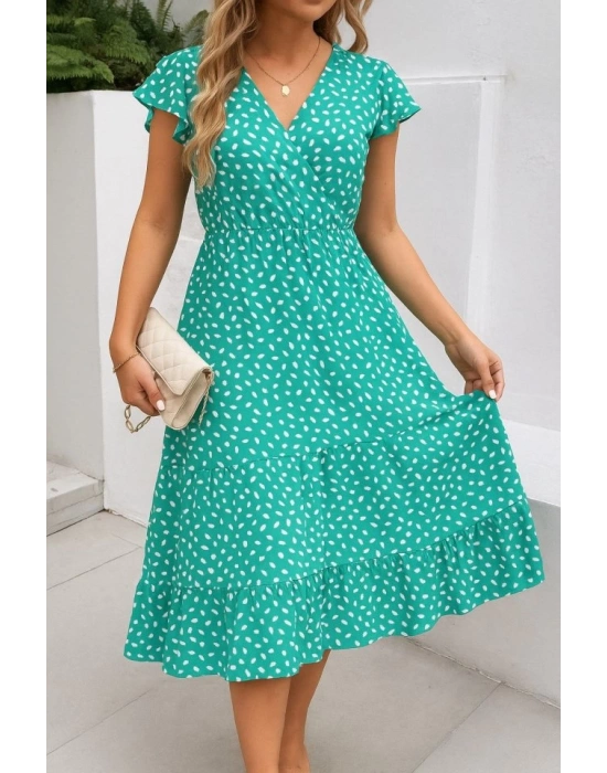 Kadın Kısa Kollu Kruvaze Yaka Beli Lastikli çiçek Desenli Elbise