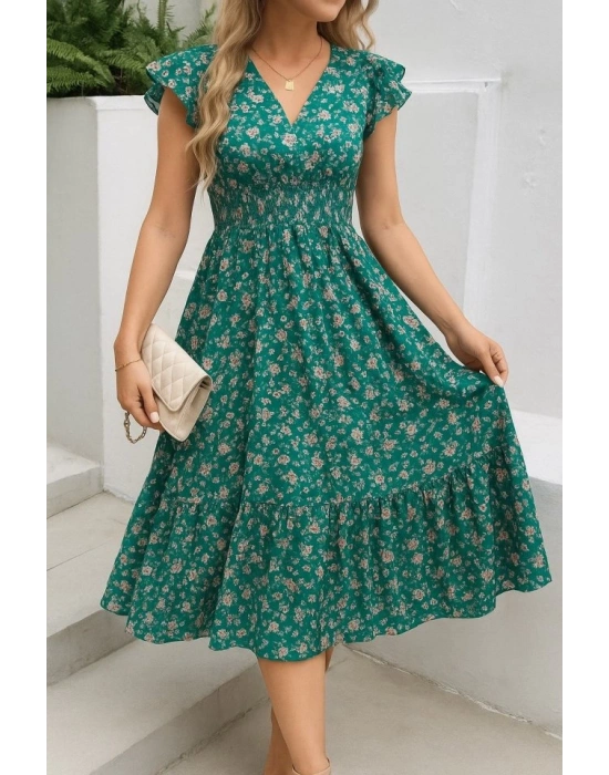 Kadın Kısa Kollu Kruvaze Yaka Beli Lastikli çiçek Desenli Elbise