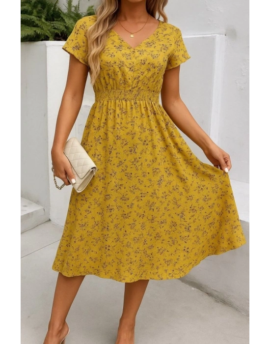 Kadın Kısa Kollu Kruvaze Yaka Beli Lastikli çiçek Desenli Elbise