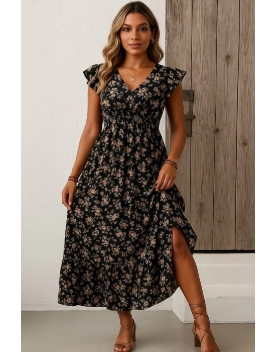 Kadın Kısa Kollu Kruvaze Yaka Beli Lastikli çiçek Desenli Elbise