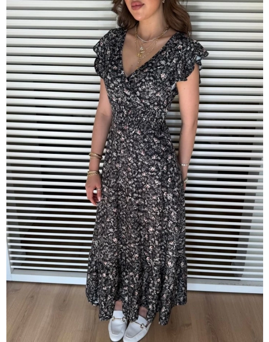 Kadın Kısa Kollu Kruvaze Yaka Beli Lastikli çiçek Desenli Elbise