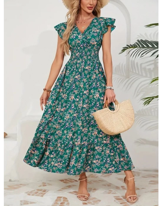 Kadın Kısa Kollu Kruvaze Yaka Beli Lastikli çiçek Desenli Elbise