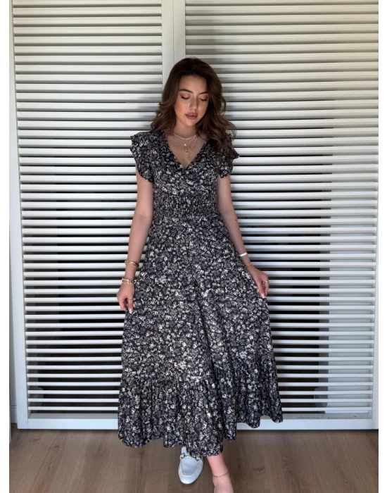 Kadın Kısa Kollu Kruvaze Yaka Beli Lastikli çiçek Desenli Elbise