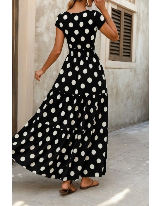 Kadın Kısa Kollu Kruvaze Yaka Beli Lastikli Süprem Maksi Boy Elbise