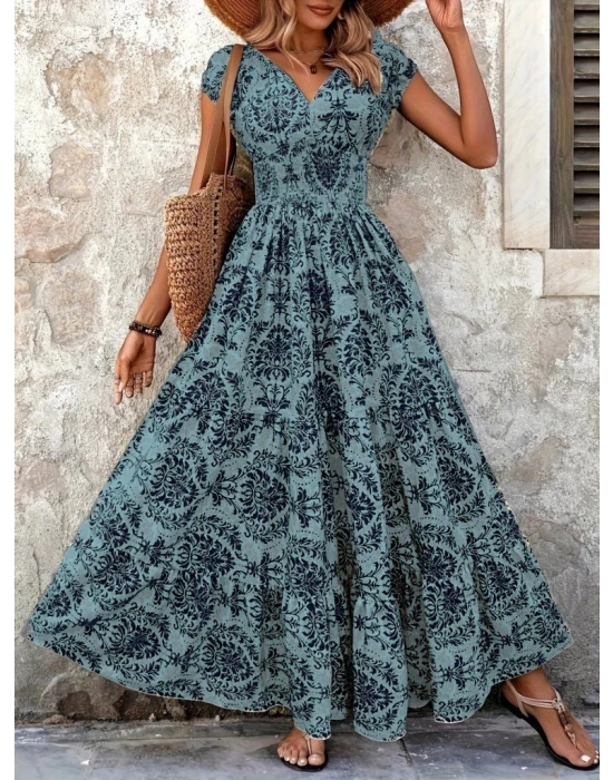 Kadın Kısa Kollu Kruvaze Yaka Beli Lastikli Süprem Maksi Boy Elbise