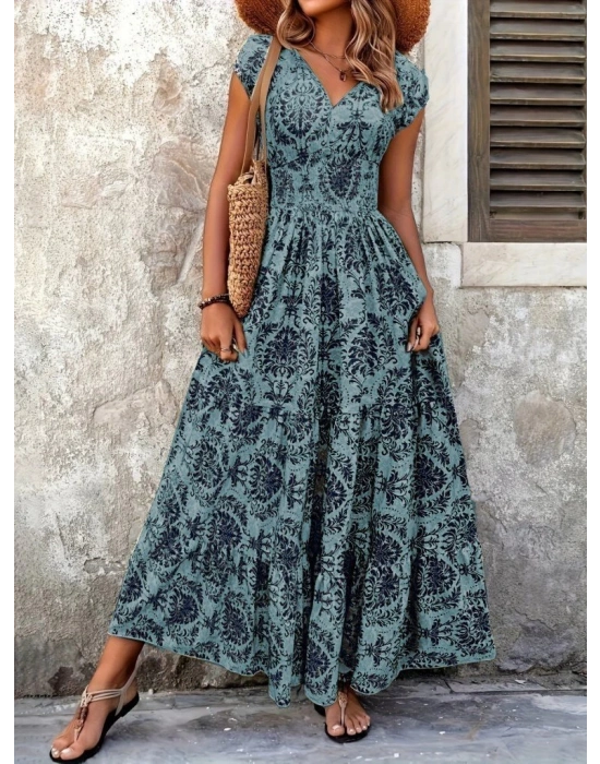 Kadın Kısa Kollu Kruvaze Yaka Beli Lastikli Süprem Maksi Boy Elbise