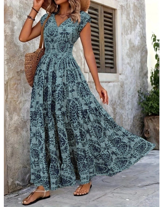 Kadın Kısa Kollu Kruvaze Yaka Beli Lastikli Süprem Maksi Boy Elbise