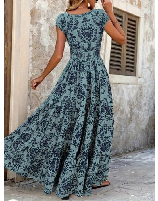 Kadın Kısa Kollu Kruvaze Yaka Beli Lastikli Süprem Maksi Boy Elbise