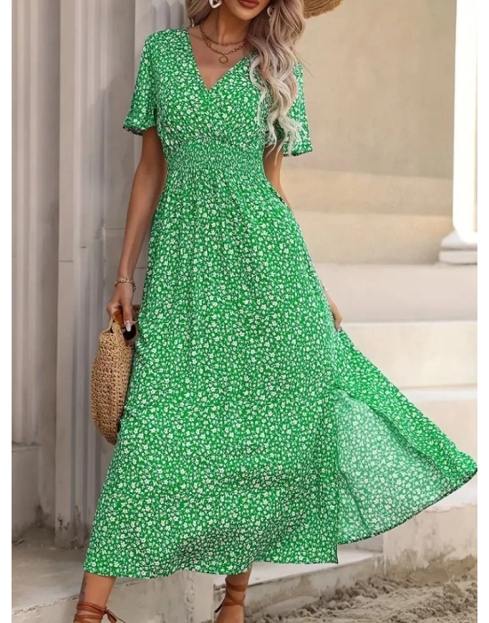 Kadın Kısa Kollu Kruvaze Yaka Beli Lastikli Yanlardan Yırtmaçlı Uzun çiçekli Elbise