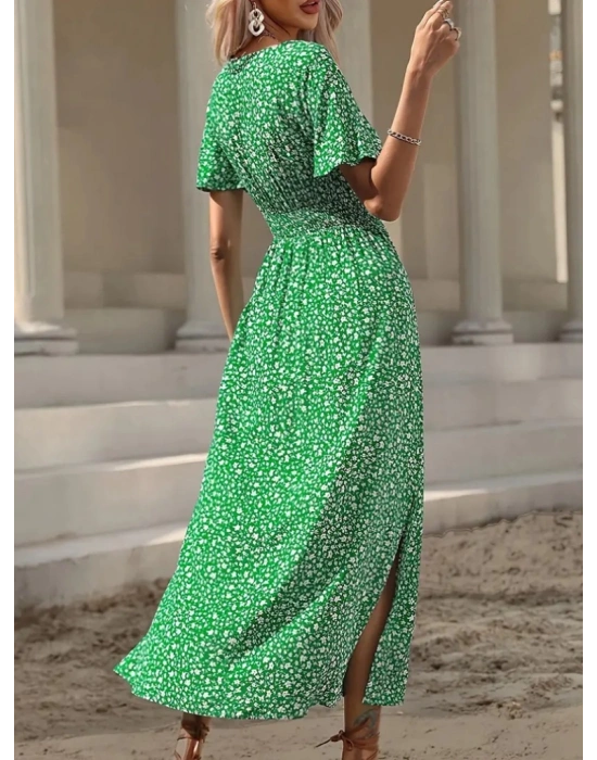 Kadın Kısa Kollu Kruvaze Yaka Beli Lastikli Yanlardan Yırtmaçlı Uzun çiçekli Elbise