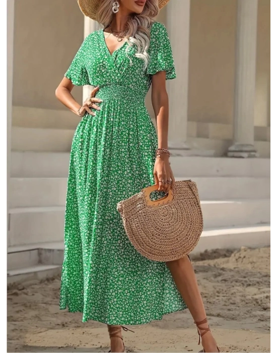 Kadın Kısa Kollu Kruvaze Yaka Beli Lastikli Yanlardan Yırtmaçlı Uzun çiçekli Elbise