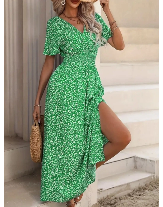 Kadın Kısa Kollu Kruvaze Yaka Beli Lastikli Yanlardan Yırtmaçlı Uzun çiçekli Elbise