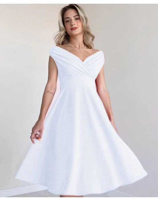 Kadın Kısa Kollu Kruvaze Yaka Eteği Volanlı Krep Elbise