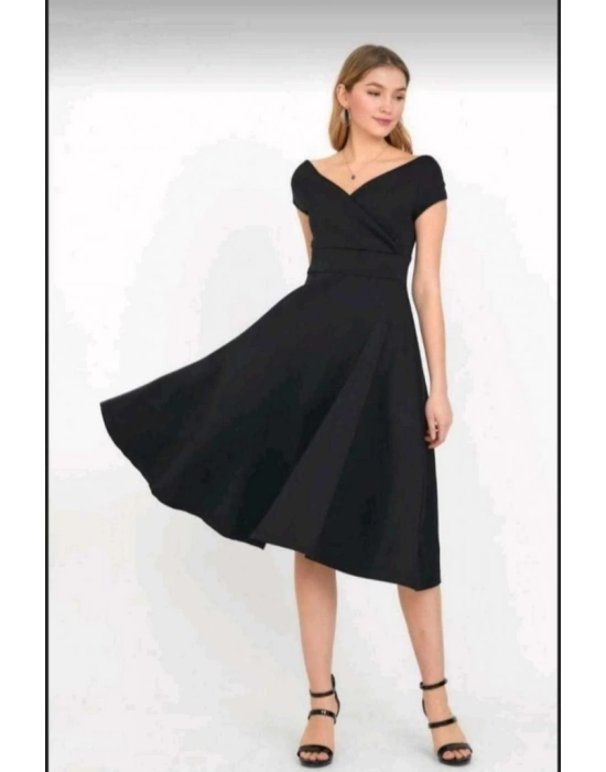 Kadın Kısa Kollu Kruvaze Yaka Eteği Volanlı Krep Elbise