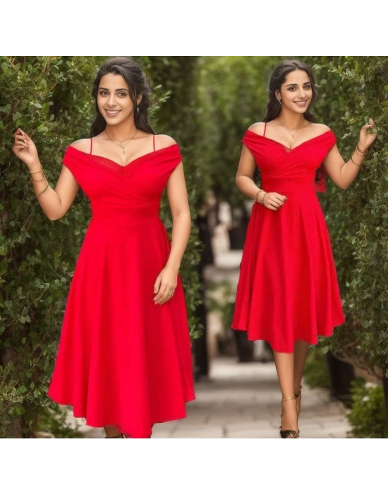 Kadın Kısa Kollu Kruvaze Yaka Eteği Volanlı Krep Elbise