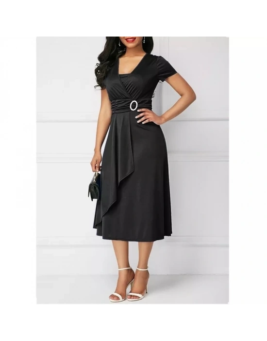 Kadın Kısa Kollu Kruvaze Yaka Kuşak Ve Toka Detay Krep Elbise