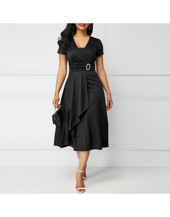 Kadın Kısa Kollu Kruvaze Yaka Kuşak Ve Toka Detay Krep Elbise