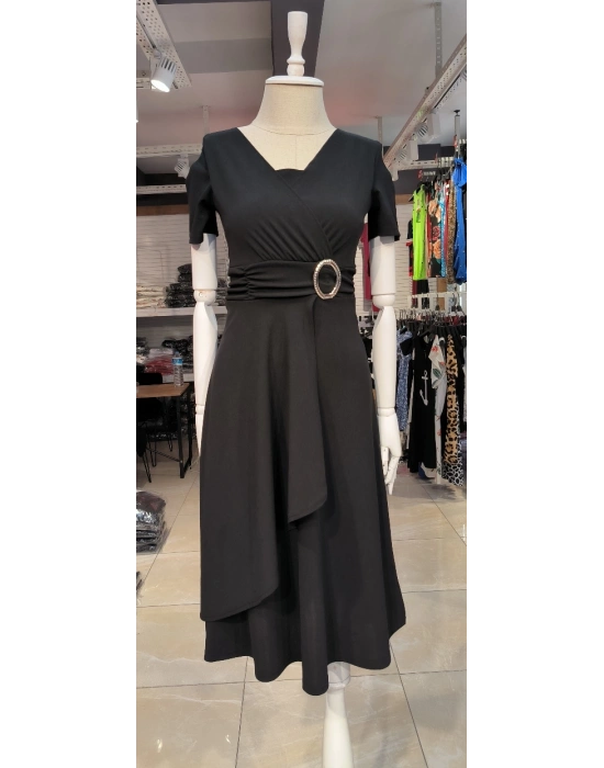 Kadın Kısa Kollu Kruvaze Yaka Kuşak Ve Toka Detay Krep Elbise